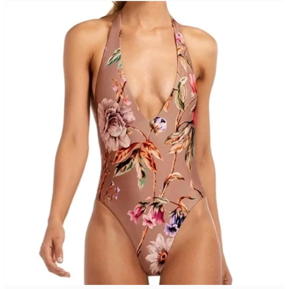 VITAMIN A Emma Floral Deep Plunge V Open Back Halter Swimsuit Ginger Floral XL